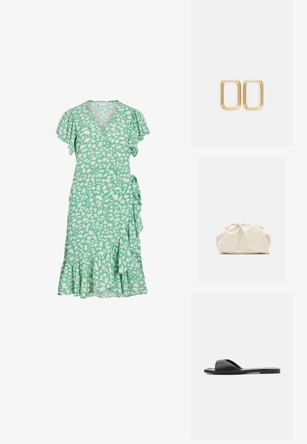 Vestido verde con un diseño de envoltura, mangas cortas con volantes y manchas abstractas blancas. Presenta un dobladillo acampanado y un lazo lateral para ajustar el ajuste.; Las chanclas negras cuentan con un material sintético suave, diseño de punta abierta y una suela plana con una tira de acento mínima en el costado.; Bolso de mano de cuero suave de color crema con diseño fruncido y plisado y una delgada correa para el hombro que descansa delante sobre un fondo liso.; Pendientes de aro de metal dorado con forma cuadrada, bordes suaves y un acabado pulido, que reflejan la luz con una superficie brillante.