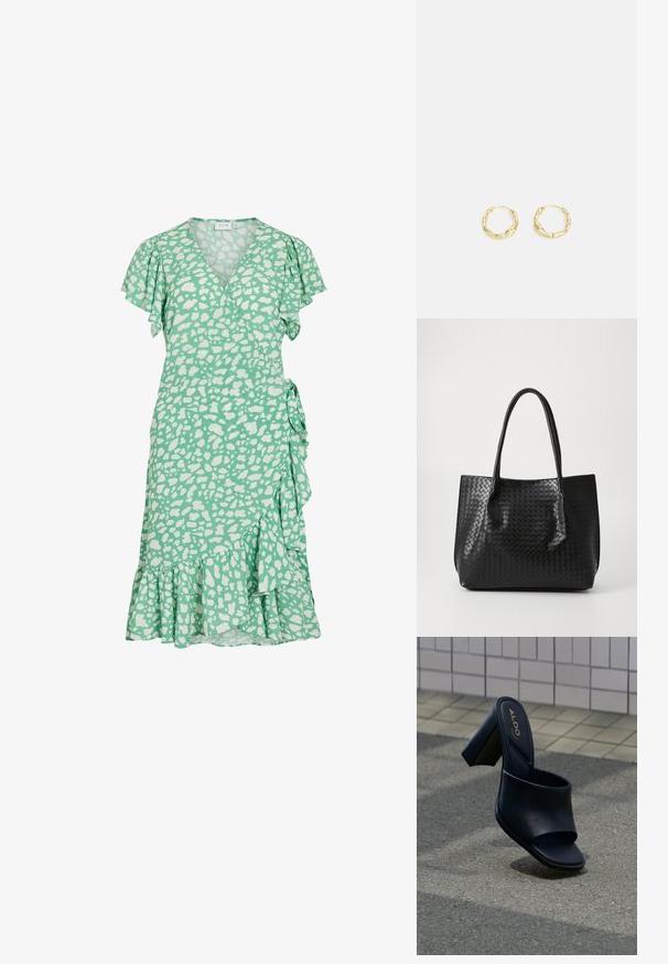 Vestido verde con un diseño de envoltura, mangas cortas con volantes y manchas abstractas blancas. Presenta un dobladillo acampanado y un lazo lateral para ajustar el ajuste.; Sandalia negra de tacón alto tipo slide con una tira gruesa, punta cuadrada y la marca ALDO en la plantilla acolchada, sobre un pavimento texturizado.; Bolso tote de cuero trenzado negro con dos asas, forma estructurada y un sutil acabado brillante sobre un fondo claro.; Pendientes de aro de oro con una superficie texturizada e irregular. Presentan un diseño ligero y una forma circular, aptos para el uso diario.