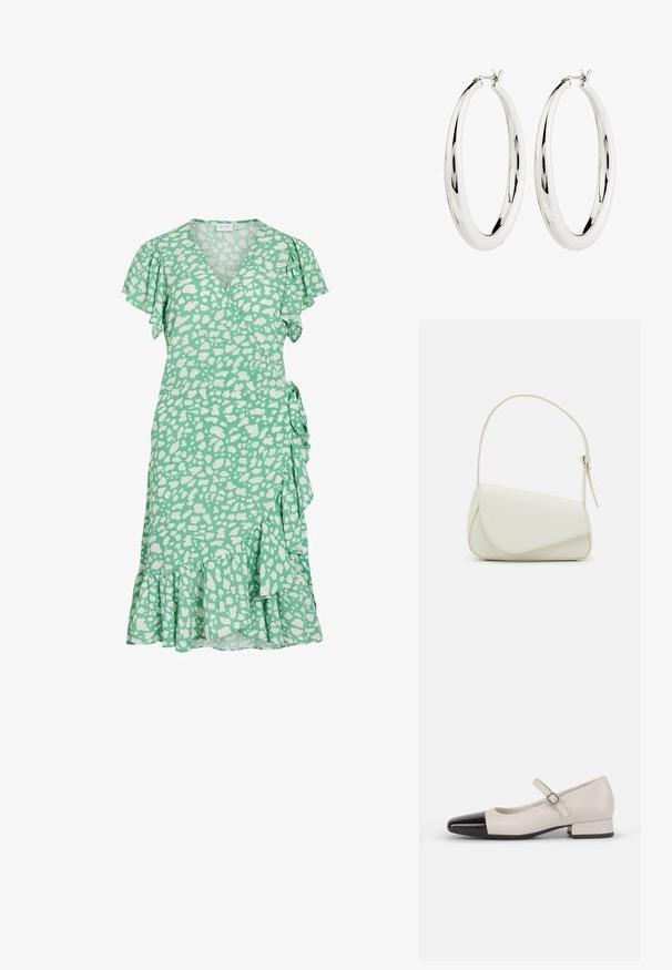 Vestido verde con un diseño de envoltura, mangas cortas con volantes y manchas abstractas blancas. Presenta un dobladillo acampanado y un lazo lateral para ajustar el ajuste.; Zapato estilo Mary Jane en cuero crema con puntera de charol negro. Presenta una punta redonda, tirante en el tobillo con una hebilla cuadrada y un tacón bajo y cuadrado.; Bolso de mano de imitación cuero blanco con una forma triangular estructurada, correa ajustable única y cierre con solapa acentuada en curva.; Pendientes de aro de plata con una superficie lisa y reflectante. Forma redonda y grande con un cierre seguro en la parte superior. El acabado pulido resalta el brillo.