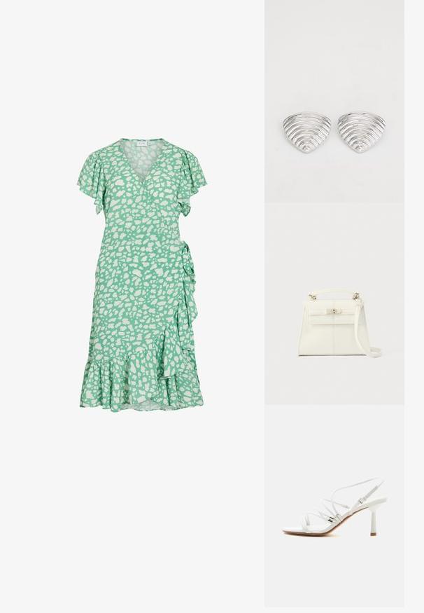Vestido verde con un diseño de envoltura, mangas cortas con volantes y manchas abstractas blancas. Presenta un dobladillo acampanado y un lazo lateral para ajustar el ajuste.; Sandalia blanca de tacón alto con tiras finas, detalles plateados, puntera cuadrada y un tacón delgado de altura media sobre un fondo blanco liso.; Bolso de mano de piel blanca con forma estructurada, asa superior, correa de hombro desmontable y cierre con broche plateado. Textura suave, diseño minimalista.; Pendientes en tono plateado con un diseño ondulado y texturizado, con forma de media lunas superpuestas; el acabado pulido realza las cualidades reflectantes.
