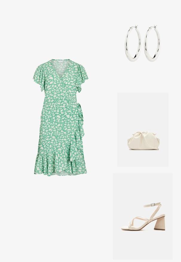 Vestido verde con un diseño de envoltura, mangas cortas con volantes y manchas abstractas blancas. Presenta un dobladillo acampanado y un lazo lateral para ajustar el ajuste.; Sandalia beige con punta abierta, tacón cuadrado, tiras cruzadas y correa ajustable en el tobillo con hebilla plateada.; Bolso de mano de cuero suave de color crema con diseño fruncido y plisado y una delgada correa para el hombro que descansa delante sobre un fondo liso.; Pendientes de aro de plata con un acabado suave y brillante. Forma circular, con un cierre seguro. Diseño sencillo y elegante.