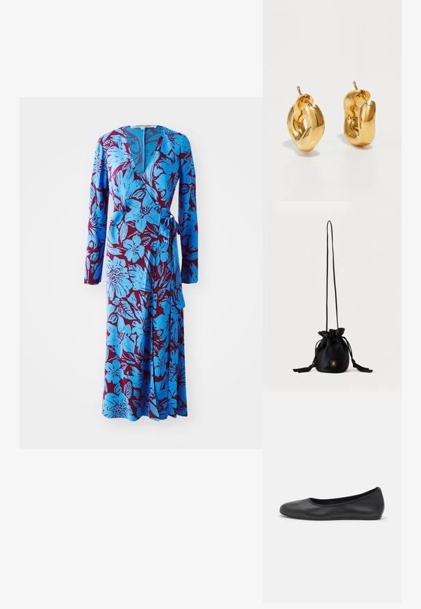 Blaue Blumenkleid mit langen Ärmeln, das einen kräftigen burgunderfarbenen Hintergrund aufweist und mit einem Taillengürtel versehen ist. Weicher Stoff mit glatter Textur.; Schwarze Leder-Ballettschuhe mit abgerundeter Spitze, glatter Textur, minimalen Nähdetails und einem flexiblen Sohlen-Design.; Schwarze Bucket Bag mit Kordelzug, langem dünnem Riemen und kleinem goldenem quadratischem Logo vorne, vor einfachem Hintergrund präsentiert.; Fette goldene Creolen mit einem leicht verdrehten, röhrenförmigen Design und Steckverschlüssen auf einem weißen Hintergrund.