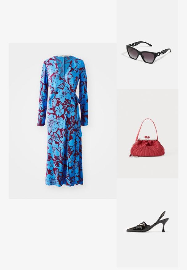 Blauwe bloemen wikkeljurk met lange mouwen, met een gedurfde bordeauxrode achtergrond en een tailleband. Zachte stof met een gladde textuur.; ALOHAS JOELLE ONIX - Klassieke pumps - black; Zwarte zonnebril met een geometrisch frame, gradient glazen en een gestructureerde poot met hardware-accenten. Duurzaam kunststof materiaal.; Kleine rode geweven portemonnee met een enkele band, zilveren frame, bolvormige sluiting en een aangehechte zilveren kettink detail.