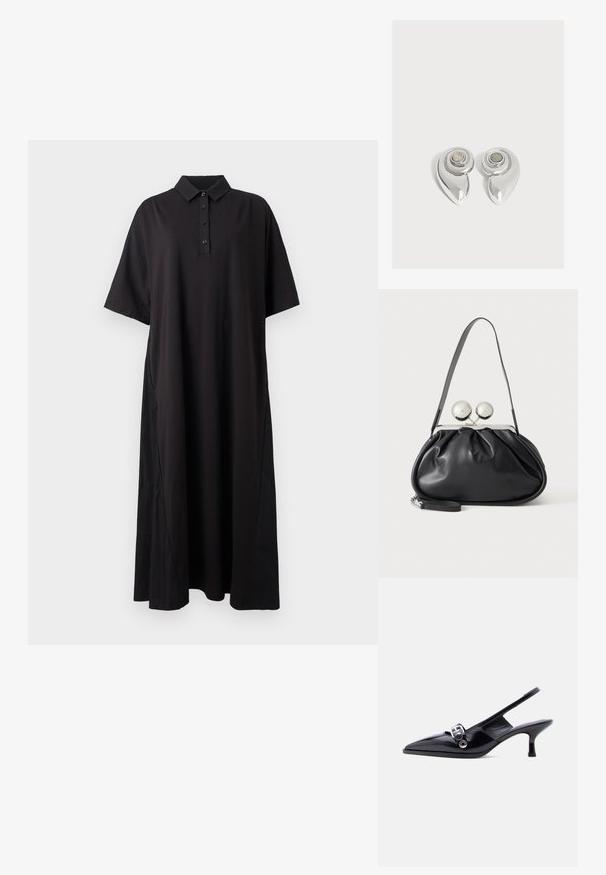 Robe midi noire à manches courtes style polo avec patte de boutonnage, col et ourlet légèrement évasé, présentée sur fond blanc.; Chaussure à talon bas en cuir verni noir avec bride arrière, bout pointu et détail boucle argentée sur fond blanc uni.; Sac à main en cuir noir avec un design plissé, une sangle unique, un cadre métallique argenté et deux grandes fermoirs ronds en argent.; Paire de boucles d’oreilles métalliques argentées brillantes avec un design en spirale et une pierre circulaire au centre sur un fond blanc uni.