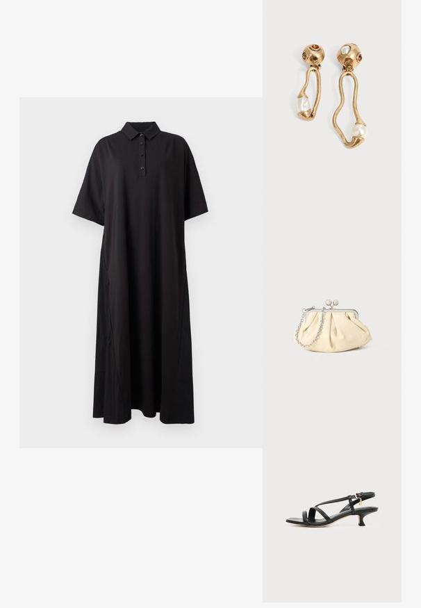 Robe midi noire à manches courtes style polo avec patte de boutonnage, col et ourlet légèrement évasé, présentée sur fond blanc.; Sandale noire en cuir à brides fines, talon bas kitten, boucle à la cheville et petit pendentif doré sur fond clair uni.; Pochette en cuir beige plissé avec un cadre en métal argenté, dotée de deux fermoirs ronds décoratifs et d'une chaîne en argent.; Boucles d'oreilles en ton doré avec des formes ouvertes irrégulières, chacune ornée d'une perle en bas et de détails en pierres précieuses sur les clous ronds.