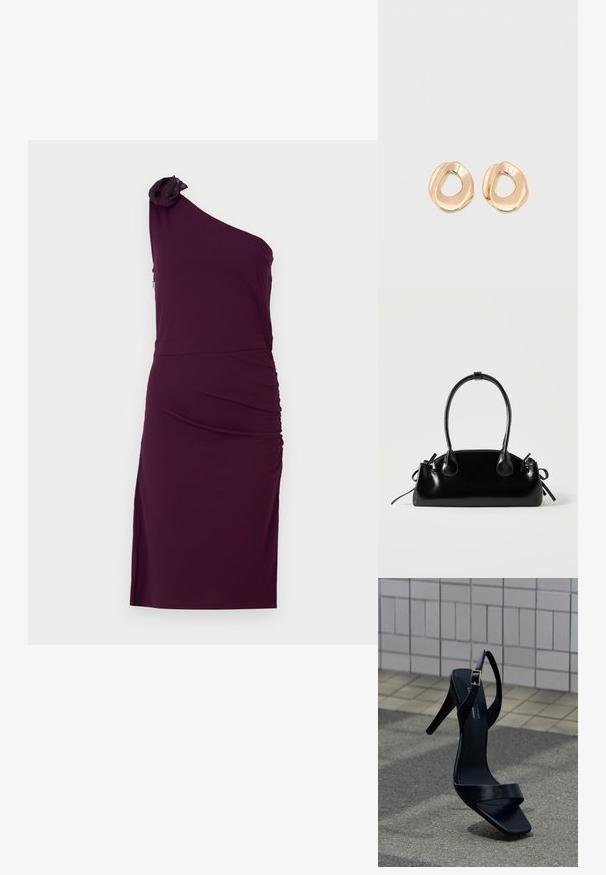 Robe prune à une épaule, avec un design froncé, mettant en avant un accent floral texturé sur l'épaule et une silhouette ajustée.; Sandale noire à talon haut avec bride à la cheville et bout carré, posée sur le pavé devant un mur carrelé.; Petit sac à main noir brillant avec deux longues anses et des détails à cordon sur les côtés sur un fond clair uni.; Paired boucles d'oreilles en métal doré poli de forme irrégulière avec un centre ouvert sur un fond blanc uni.