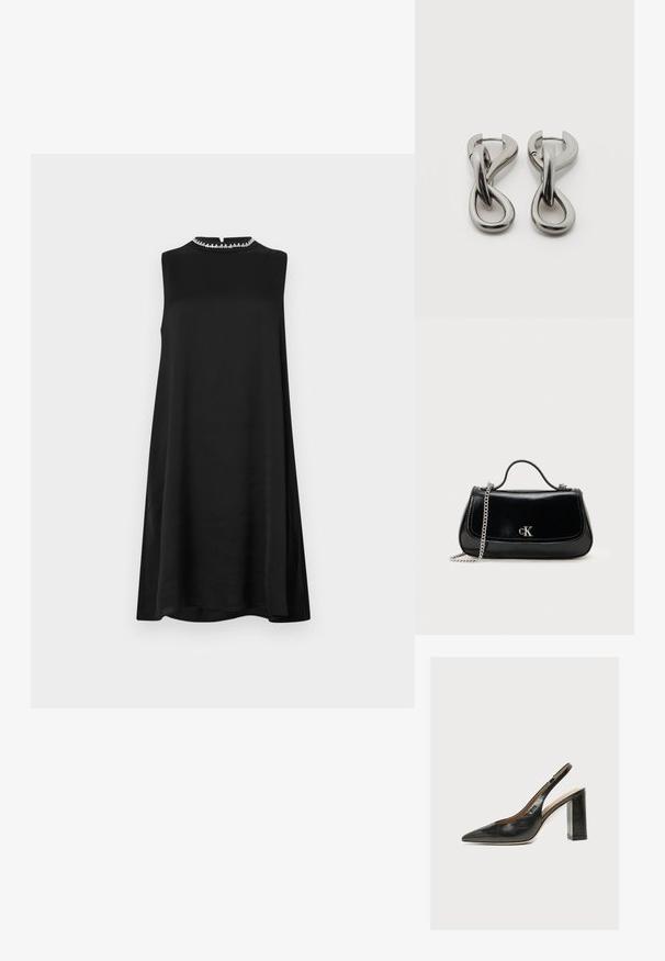 Robe noire sans manches avec un col montant et une subtile bordure décorative. Silhouette décontractée, texture lisse et longueur au genou.; Chaussure slingback femme en cuir noir avec bout pointu et talon bloc épais et haut sur fond blanc.; Sac à main en cuir noir avec une chaîne en bandoulière, forme structurée et accent logo argenté. Texture lisse avec un rabat.; Paire de boucles d'oreilles en métal argenté avec un motif abstrait d'anneaux entrelacés sur fond blanc.