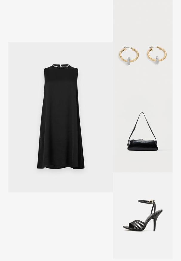 Robe noire sans manches avec un col montant et une subtile bordure décorative. Silhouette décontractée, texture lisse et longueur au genou.; Sandales à talons hauts noires avec des lanières, une fine sangle à la cheville, un bout ouvert et une finition lisse. Présente un talon élancé et un design de lanières texturées.; Sac à bandoulière en cuir noir avec une fine sangle réglable, fermeture éclair et petit logo métallique « GUESS » au centre devant.; Paire de boucles d'oreilles créoles dorées avec un petit détail boucle ton argent sur chaque, exposées sur fond gris clair.