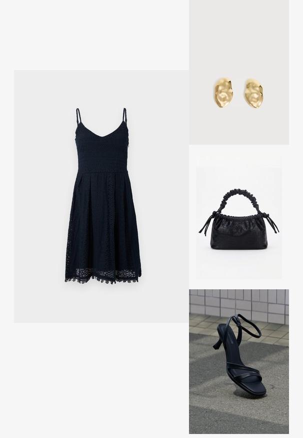 Marineblå sommerkjole med tynde stropper, en V-udskæring og blonde detaljer. A-linjeet nederdel med bølget kant og indviklede mønstre hele vejen igennem.; Sort højhælet sandal med stropper og ankelspænde, der svæver over tekstureret gråt fortov med flisebelagt væg i baggrunden.; Sort taske med krokodilletekstur, rynket øverste kant, samlet hank og snore med kvaster på hver side mod en hvid baggrund.; Par skinnende, ujævnt formede øreringe af guldmetal med en krøllet, glat overflade på en ensartet lys baggrund.