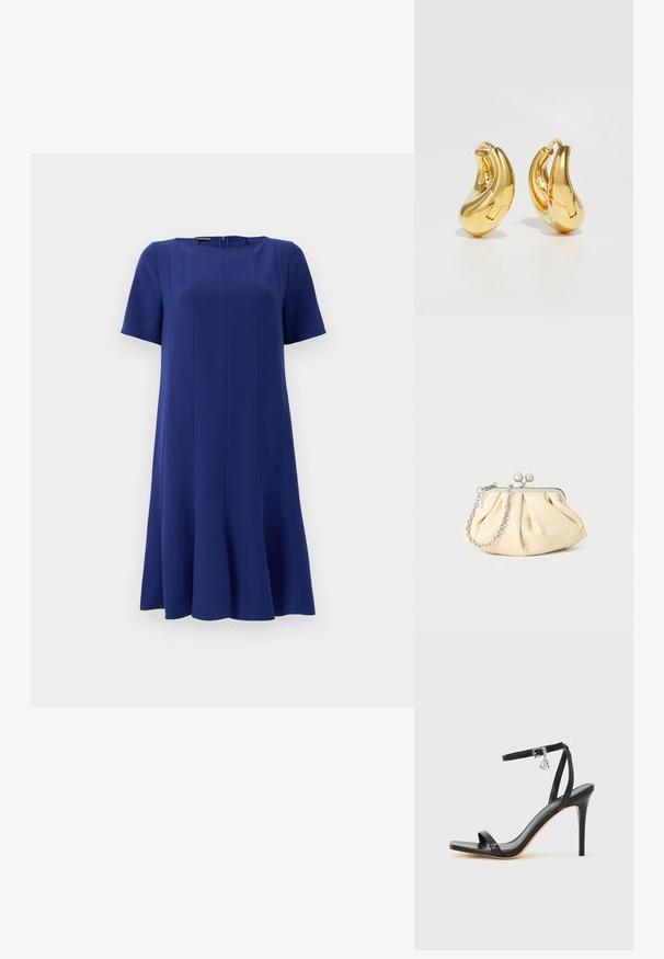 Robe A-line à manches courtes en tissu bleu profond, avec un col rond et des détails de couture subtils pour une silhouette structurée.; Sandale à talon haut noire avec une bride étroite à la cheville, bout carré, cuir lisse et accent de boucle métallique.; Pochette en cuir beige plissé avec un cadre en métal argenté, dotée de deux fermoirs ronds décoratifs et d'une chaîne en argent.; Boucles d'oreilles en or en forme de d'anneaux lisses et courbés avec une finition polie. Équipées d'un mécanisme de fermeture et de légères indentations pour le détail.