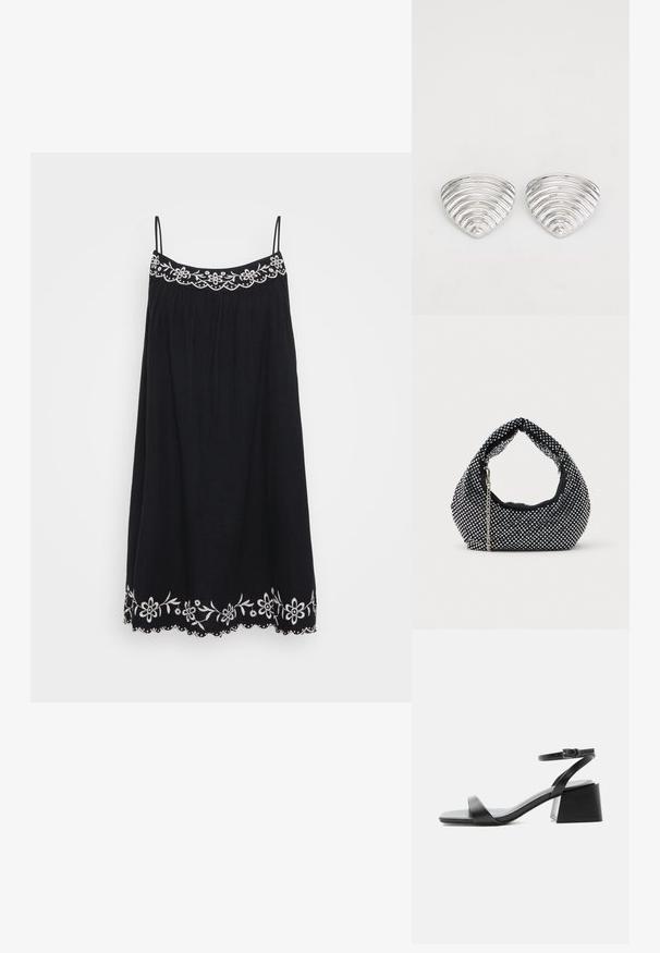 Sort ærmeløs kjole med en blomstret broderet halsudskæring og kant, der har en luftig form og bølget kant, lavet af letvægtsstof.; Sort læder sandal med åben tå, blokhæl, tynd ankestrold og spænde lukning, vist fra siden på hvid baggrund.; Sort mesh håndtaske prydet med sølvnitter, udstyret med et buet håndtag og en kædetraspe. Blød tekstur med en rund form.; Sølvfarvede øreringe med et bølget, tekstureret design, formet som overlappende halvmåner; den polerede overflade fremhæver de reflekterende egenskaber.