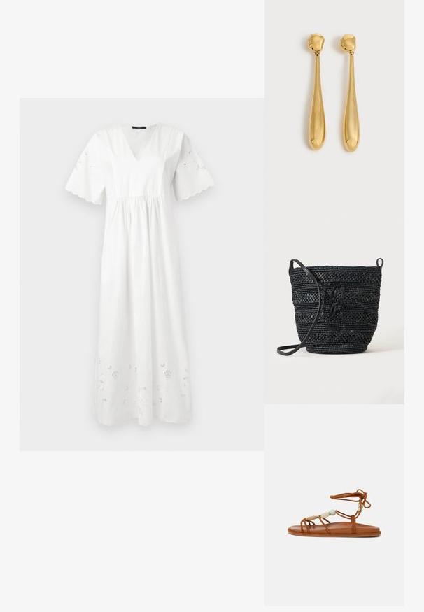 Robe midi blanche avec col en V, manches courtes festonnées avec détails ajourés, taille froncée et broderie florale découpée à l'ourlet.; Sandale plate marron avec fines lanières, perles décoratives et lien à nouer autour de la cheville sur fond blanc.; Sac seau noir tissé avec une longue bandoulière et un détail de motif texturé sur un fond uni.; Paire de longues boucles d'oreilles dorées, lisses et brillantes, en forme de goutte avec des sommets arrondis et des formes de goutte effilées sur un fond clair.