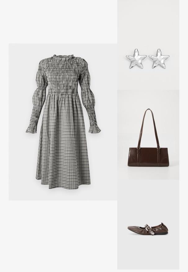 Vestido de cuadros en blanco y negro con un corsé fruncido, mangas largas abullonadas, puños con volantes y una falda fluida hasta la rodilla.; Zapato plano de charol marrón con puntera puntiaguda, detalle de lazo elástico y un acento de hebilla plateada en el costado. Suela de goma negra.; Bolso de mano de piel sintética marrón con forma rectangular, dos asas largas y sutiles acentos curvados en la parte delantera.; Pendientes en forma de estrella plateada con una superficie pulida y brillante. Cada pendiente presenta cinco puntas y sutiles detalles de textura en la superficie.