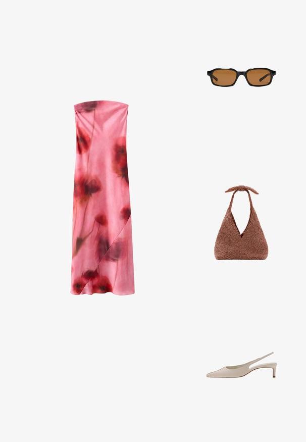 Robe maxi rose sans bretelles avec des motifs floraux rouges doux et foncés et un détail subtil façon portefeuille sur la jupe.; Chaussure slingback en cuir beige avec bout pointu et petit talon bloc, vue de côté sur fond blanc.; Lunettes de soleil rectangulaires noires avec des montures épaisses et des verres teintés marron, vues de face sur un fond blanc.; Sac à main triangulaire texturé marron avec une ouverture en V profonde et une courte poignée nouée en haut, sur fond blanc uni.