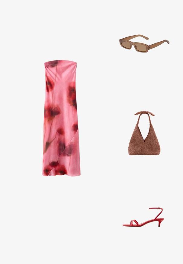 Robe maxi rose sans bretelles avec des motifs floraux rouges doux et foncés et un détail subtil façon portefeuille sur la jupe.; Sandale en cuir rouge à talon bas avec fines lanières sur les orteils et une bride de cheville avec boucle, vue de côté sur fond blanc.; Lunettes de soleil brunes, rectangulaires, avec une monture transparente, des branches fines et des verres teintés, offrant une texture lisse et un design moderne.; Sac à main triangulaire texturé marron avec une ouverture en V profonde et une courte poignée nouée en haut, sur fond blanc uni.