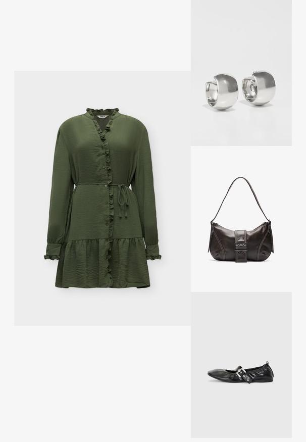 Robe vert olive à manches longues avec col et ourlet volantés, boutonnage devant, ceinture à nouer à la taille sur fond uni.; Chaussure plate en cuir noir avec un nez pointu, des détails froncés autour de l'ouverture et un accent en boucle argentée sur la bride ajustable.; Sac à épaule en cuir marron avec une forme courbée, présentant un détail de boucle proéminent, des coutures contrastantes et une seule bandoulière.; Uncommon Matters SCULPTURAL LARGE CREOLE - Boucles d'oreilles - silver-coloured