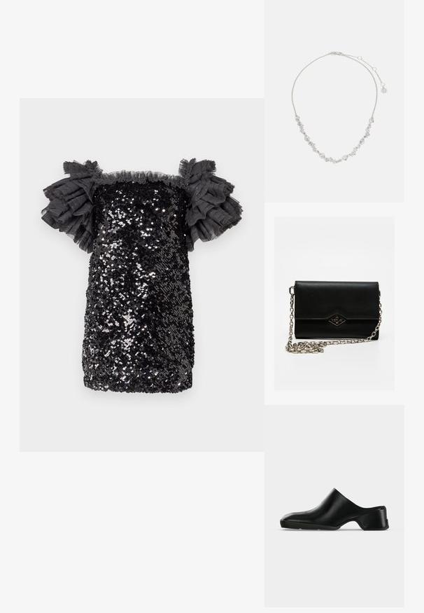 Robe à sequins noire avec un design ajusté, de courte longueur et des manches en tulle volantées. Finition texturée avec des sequins scintillants sur l'ensemble.; Mule en cuir noir avec un petit talon, un bout arrondi et un design sans fermeture, présentée en profil latéral sur un fond clair.; Collier en argent avec des motifs floraux, orné de pierres précieuses transparentes, avec des détails complexes et un fermoir ajustable.; Pochette rectangulaire en cuir noir avec bandoulière chaîne argentée et fermoir logo Replay en métal sur le rabat avant.