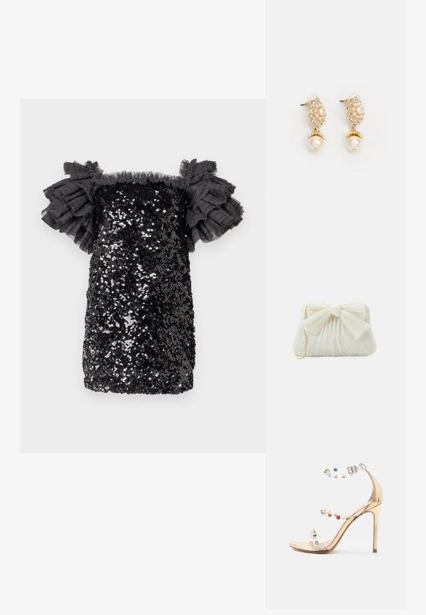 Robe à sequins noire avec un design ajusté, de courte longueur et des manches en tulle volantées. Finition texturée avec des sequins scintillants sur l'ensemble.; Sandale à talons hauts dorée avec trois brides transparentes ornées de pierres précieuses multicolores et une fermeture à boucle à la cheville.; Sac à main plissé blanc avec un nœud proéminent et une chaîne dorée. Texture douce avec un design froncé à l'avant.; Boucles d'oreilles dorées avec un design floral, accentuées de perles et d'une plus grande perle pendante. Embellies de petits cristaux transparents.