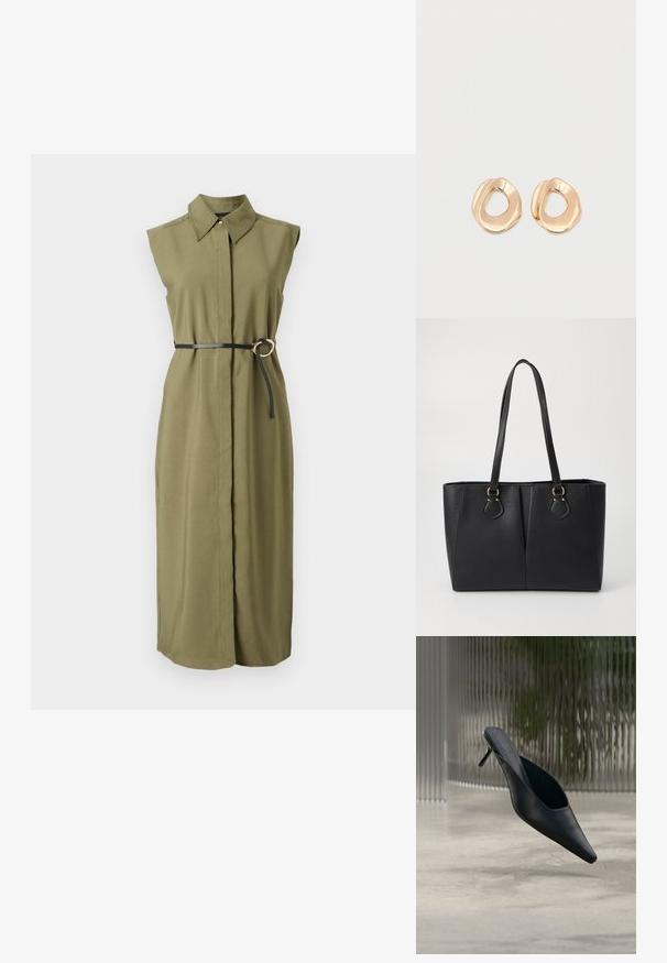 Vestido sin mangas de color verde oliva con cuello, ceñido en la cintura con un cinturón negro que tiene una hebilla metálica redonda y aberturas laterales.; Zapato mule negro de punta fina con tacón alto y delgado flotando sobre un suelo de hormigón liso, con un fondo desenfocado de rayas verticales.; Bolso tote de cuero sintético negro con un acabado texturizado, dos asas largas y detalles en tono dorado en el lateral. Forma rectangular.; Par de pendientes de aro de metal en tono dorado pulido, de forma irregular y con centro abierto, sobre un fondo blanco liso.