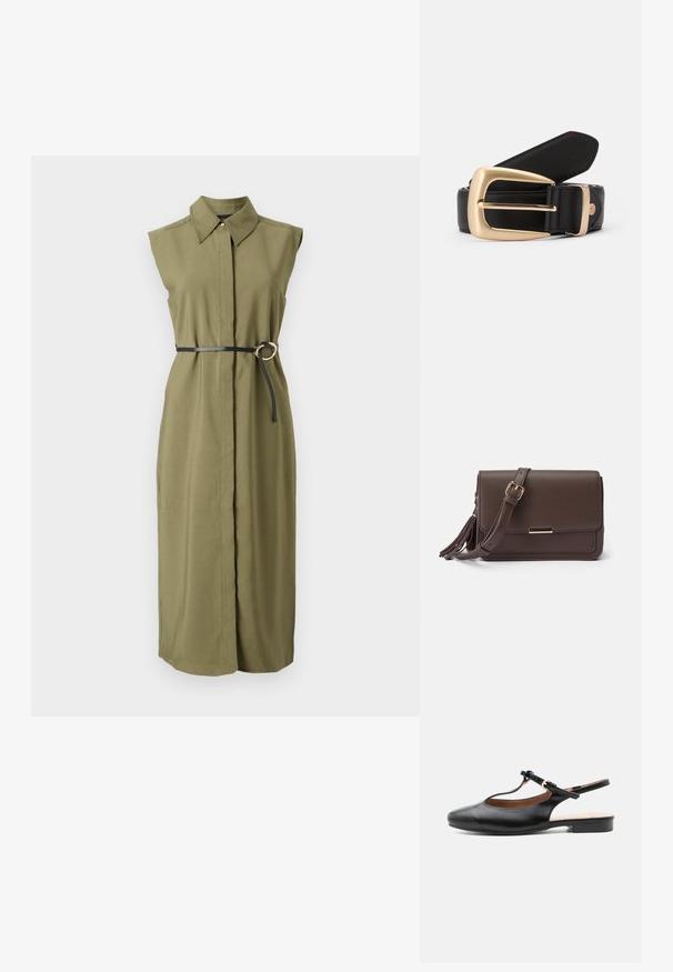 Vestido sin mangas de color verde oliva con cuello, ceñido en la cintura con un cinturón negro que tiene una hebilla metálica redonda y aberturas laterales.; Zapato plano slingback de cuero negro con T-correa y hebilla dorada sobre fondo neutro.; Bolso cruzado de imitación cuero marrón con cierre de solapa, herrajes en tono dorado y detalle de borlas en el lateral. Correa ajustable para un uso versátil.; Cinturón de cuero negro con una hebilla rectangular dorada. El cinturón presenta una textura suave y un sutil detalle de costura a lo largo de los bordes.