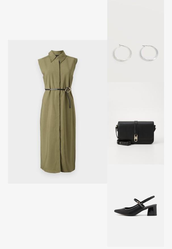 Vestido sin mangas de color verde oliva con cuello, ceñido en la cintura con un cinturón negro que tiene una hebilla metálica redonda y aberturas laterales.; Tacones slingback de charol negro con punta afilada, un diseño de corte redondeado y tacón bloque. Incluye un detalle de hebilla en tono dorado.; Tommy Hilfiger TH LIBRE FLAP CROSSOVER - Bandolera - black; Pendientes de aro de metal plateado con superficie lisa y ligeramente curvada y cierre de tipo mosquetón sobre un fondo blanco liso.