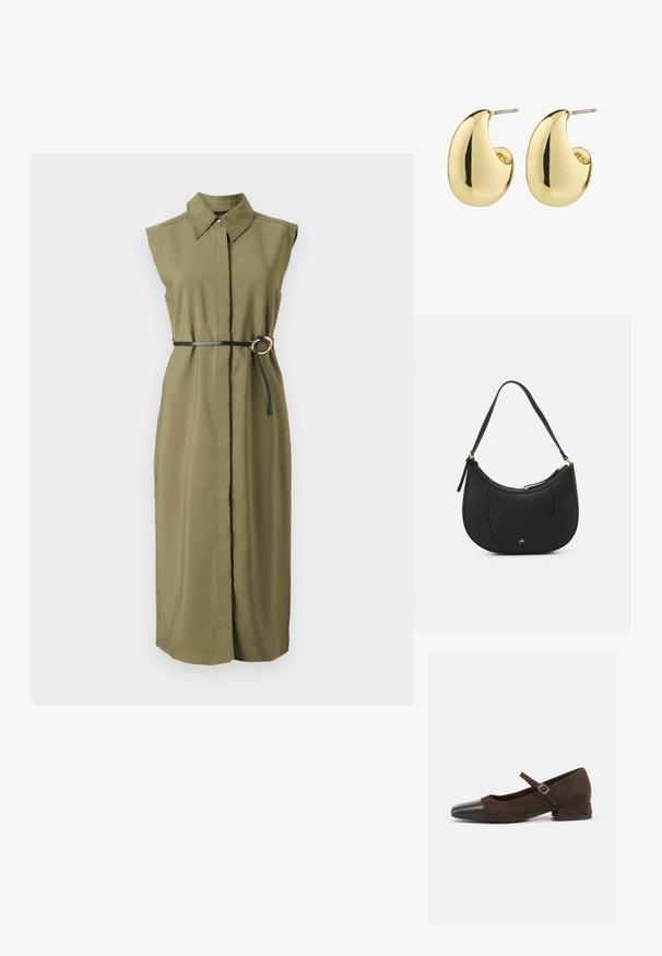 Vestido sin mangas de color verde oliva con cuello, ceñido en la cintura con un cinturón negro que tiene una hebilla metálica redonda y aberturas laterales.; Zapato Mary Jane de ante marrón con una puntera de charol negro, correa ajustable y un tacón bajo. Textura suave con acentos mínimos.; Bolso de mano de cuero negro con forma curva, superficie texturizada, costuras frontales y un logo en tono dorado. Cuenta con una sola correa ajustable.; Pendientes de stud en tono dorado con una superficie suave y pulida, que presentan una forma abstracta en forma de lágrima. Hardware de metal simple para la sujeción.