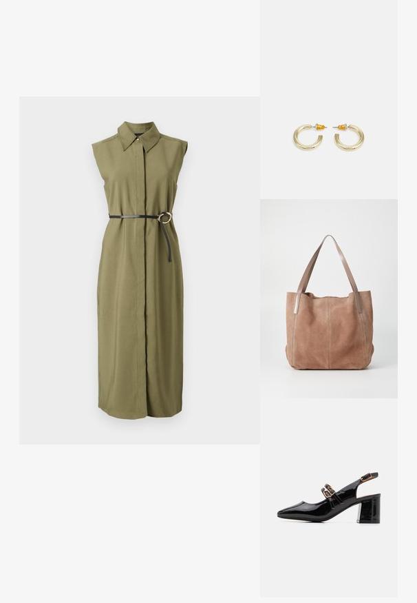 Olijfgroen mouwloze jurk met een kraag, in de taille geaccentueerd met een zwarte riem met een ronde metalen gesp en zijslits.; Zwarte lakleren slingback schoenen met een spitse neus, een midden blokhak en twee verstelbare gouden gespbandjes op de bovenkant.; Anna Field by Zalando LEATHER - Shopper - taupe; Gouden hoepel oorbellen met een zachte, ronde vorm en een gepolijste afwerking. Kenmerkt oranje accenten aan de achterkant voor een veilige bevestiging.