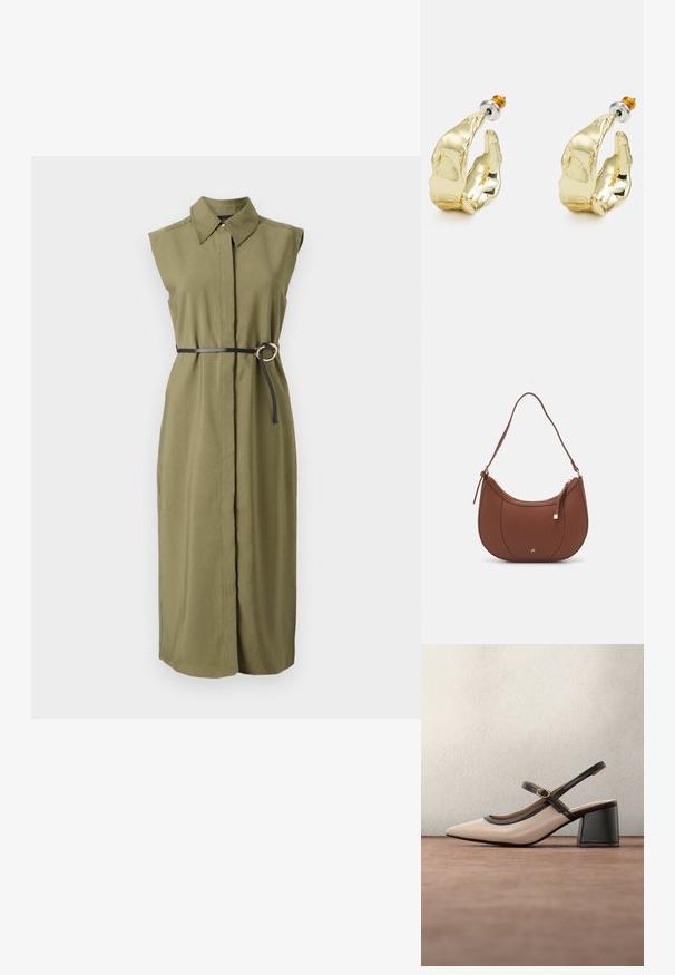 Olivengrøn ærmeløs kjole med krave, indsnævret i taljen med et sort bælte med en rund metalspenne og sideslids.; Beige høje hæle slingback-sko med spids tå, sort kant og spænde detalje. Glat materiale med mat finish, mellemstor blokhæl.; Brun faux læder skuldertaske med buet form, minimal syning og en guldtonet hardwaredetalje. Har en top lynlåslukning og justerbar rem.; Guldtonede øreringe formet som abstrakte hænder, med en skinnende overflade, intrikate detaljer og en sølv- og guldfarvet post til sikker fastgørelse.