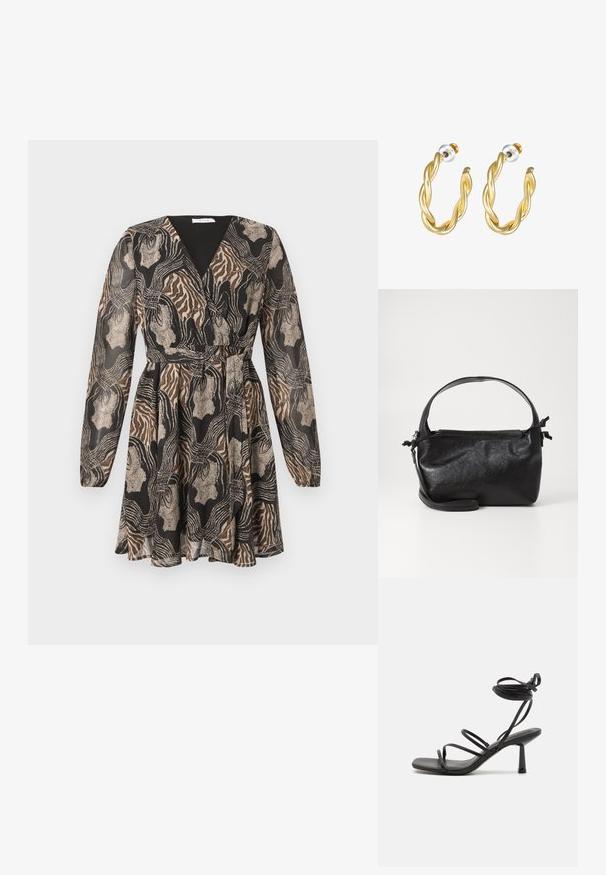 Langærmet omslagskjole med et mix af sorte, brune og gyldne mønstre. Letvægtsstof med indsnævret talje og udvidet nederdel.; Sort strappy sandal med firkantet tå, justerbare ankelbind og en slank, blokhæl. Fremstillet af et glat, holdbart materiale.; Sort læderhåndtaske med et struktureret design, rund tophåndtag og aftagelig skulderrem. Den har en glat tekstur og en subtil glans.; Guld snoede hoops øreringe med en glat overflade, der har en transparent baggrund og hardware i guldtoner.