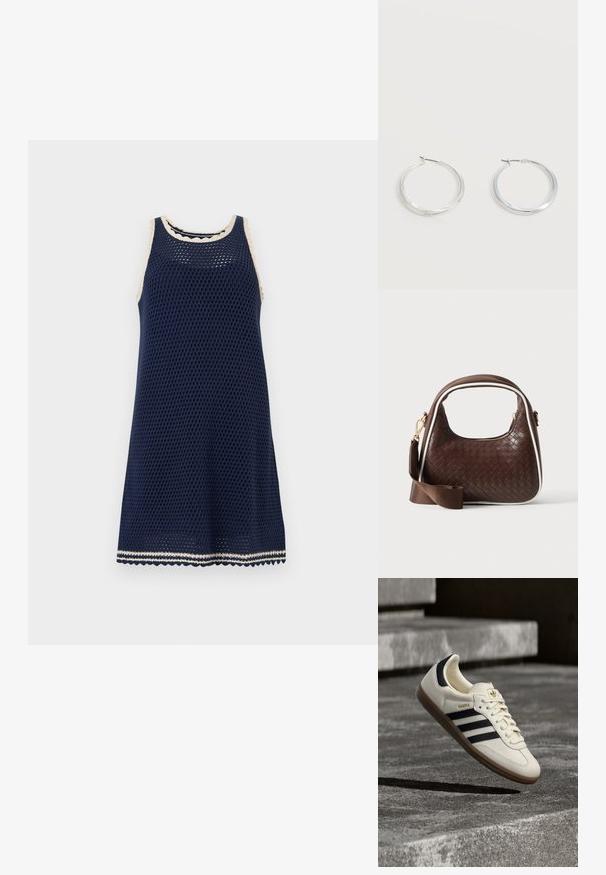 Robe en crochet sans manches bleu marine avec finition festonnée crème sur l'encolure, les emmanchures et l'ourlet, présentée sur fond blanc.; Baskets blanches Adidas Samba avec des bandes noires et une semelle en gomme, flottant au-dessus de marches en béton gris texturé.; Sac à main en cuir tressé marron avec passepoil blanc, fermeture éclair dorée et bandoulière amovible en tissu marron.; Boucles d’oreilles créoles en métal argenté avec une surface lisse légèrement incurvée et des fermoirs à clapet sur un fond blanc uni.