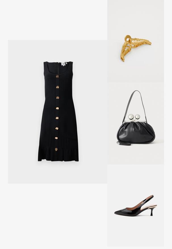 Robe en tricot côtelé noire avec un corsage ajusté, des boutons dorés à l'avant et un ourlet froncé. Comprend une fermeture éclair au dos.; Escarpin slingback en cuir verni noir avec bout pointu et petit talon kitten sur fond blanc uni.; Sac à main en cuir noir avec un design plissé, une sangle unique, un cadre métallique argenté et deux grandes fermoirs ronds en argent.; Barrette en or présentant un design de feuille avec des bords texturés et un centre courbé, fabriquée en métal avec une finition lisse.