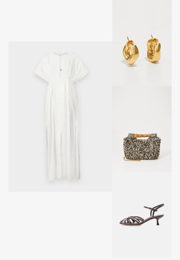 Rodebjer KIMBERLY - Maxi-jurk - white; Donkerbruine leren sandaal met bandjes en kitten heel, verstelbare gesp rond de enkel, op witte achtergrond.; Geweven tas met een gestructureerd zwart-en-crème patroon, bamboe handvat en een afneembare gouden kettingriem. Compacte rechthoekige vorm.; Dik gouden creolen met een licht gedraaide, buisvormige ontwerp en een schroefsluiting op een witte achtergrond.