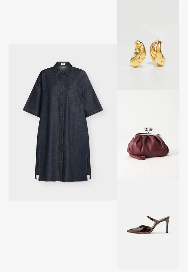 Robe chemise en denim bleu foncé à manches courtes avec boutons sur le devant, poche poitrine, col et fentes latérales.; Mule à talon haut marron foncé brillant à bout pointu avec une fine bride sur le coup de pied sur fond blanc uni.; Petit sac pochette en cuir bordeaux avec fermoir métallique argenté et bracelet sur fond blanc.; Boucles d'oreilles en or en forme de d'anneaux lisses et courbés avec une finition polie. Équipées d'un mécanisme de fermeture et de légères indentations pour le détail.