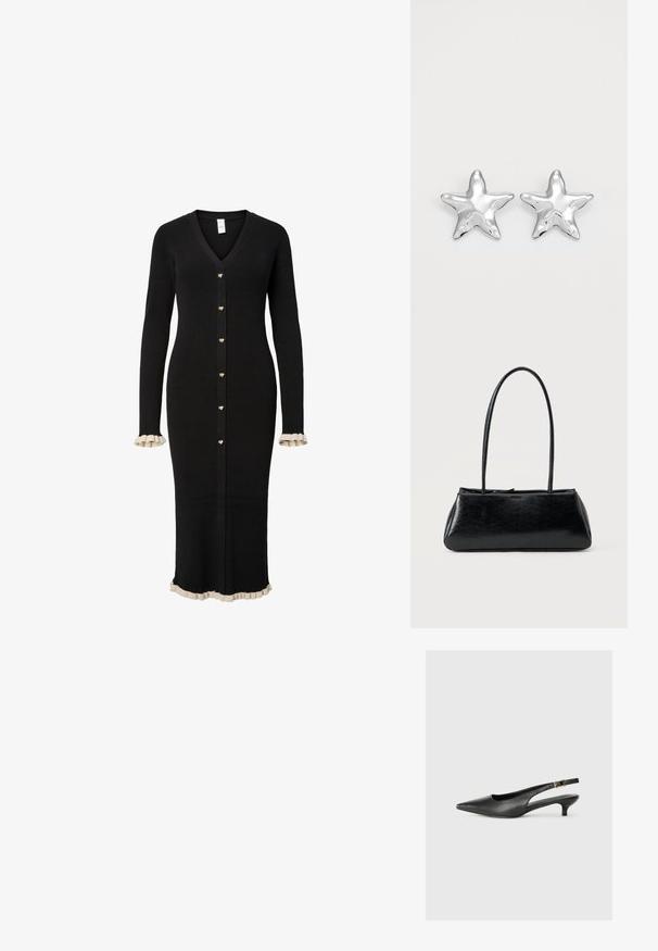 Langer schwarzer, gerippter Cardigan mit V-Ausschnitt, goldenen herzförmigen Knöpfen und cremefarbenen Rüschenakzenten an Bündchen und Saum.; Schwarzer Slingback-Schuh mit spitzem Zehenbereich aus glattem Leder. Mit einem dünnen Absatz und einer dekorativen Schnalle am verstellbaren Riemen.; Schwarze rechteckige Schultertasche mit langen dünnen Trägern und einer glatten, glänzenden Textur auf einfarbigem Hintergrund.; Silberne sternförmige Ohrringe mit einer polierten, glänzenden Oberfläche. Jeder Ohrring hat fünf Spitzen und dezente Oberflächentexturdetails.