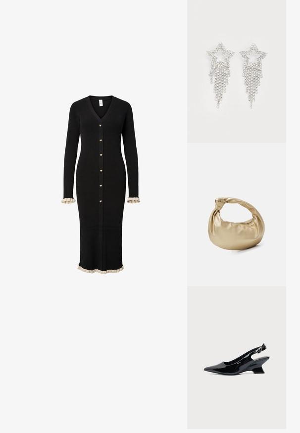 Langer schwarzer, gerippter Cardigan mit V-Ausschnitt, goldenen herzförmigen Knöpfen und cremefarbenen Rüschenakzenten an Bündchen und Saum.; Schwarzer Slingback-Schuh aus Lackleder mit spitzer Spitze und niedrigem, schrägem Blockabsatz auf einfachem hellem Hintergrund.; Goldfarbene Metall-Handtasche mit glatter, glänzender Textur. Verfügt über einen geknoteten Griff und eine abgerundete, weiche Form. Reißverschlussverschluss an der Oberseite.; Glitzernde Sternohrringe mit herabhängendem Fransen-Detail, in silberner Farbe und mit einer glänzenden, reflektierenden Oberfläche. Sternform mit filigranem Design.