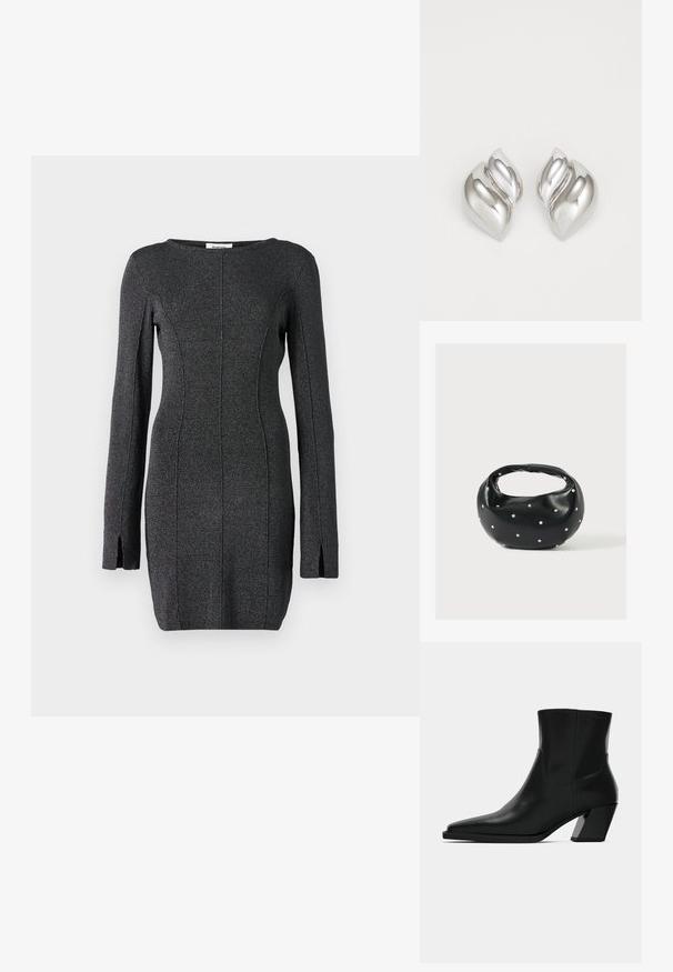 Vestido de punto negro de manga larga, con aberturas laterales, un escote redondo y detalles de costura para una silueta ajustada.; Bota de tobillo de cuero negro con punta afilada, una silueta elegante y un tacón cuadrado grueso. Textura suave con detalles de costura mínimos.; Bolso de mano de cuero negro con forma redondeada, decorado con detalles de tachuelas plateadas y un asa corta. Textura lisa y cierre con cremallera.; Pendientes de plata con una forma orgánica y abstracta. Superficie lisa y brillante con un diseño cónico. Presentan suaves curvas y un detalle de línea central.