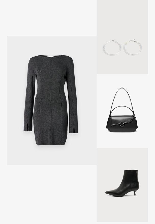 Robe tricotée noire à manches longues, avec des fentes latérales, un col rond et des coutures pour un silhouette cintrée.; Bottine en cuir noir avec bout pointu et petit talon kitten sur fond clair, vue côté extérieur.; Sac à bandoulière en cuir noir avec un rabat incurvé fermé par un fermoir métallique rond et une sangle fine et ajustable.; Paire de boucles d'oreilles créoles argentées brillantes avec fermoirs en fil fin, présentée sur un fond gris clair.