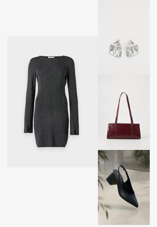 Vestido de punto negro de manga larga, con aberturas laterales, un escote redondo y detalles de costura para una silueta ajustada.; Zapato de tacón slingback de cuero negro con punta afilada y tacón cuadrado. Textura suave, diseño minimalista y correa ajustable en el tobillo.; Bolso burdeos hecho de material brillante, de forma rectangular, con dos asas para el hombro y sutiles acentos curvados en la parte frontal.; Pendientes de metal plateado con un diseño ondulado y escultórico, que presentan un acabado pulido y formas irregulares, destacando una estética contemporánea.