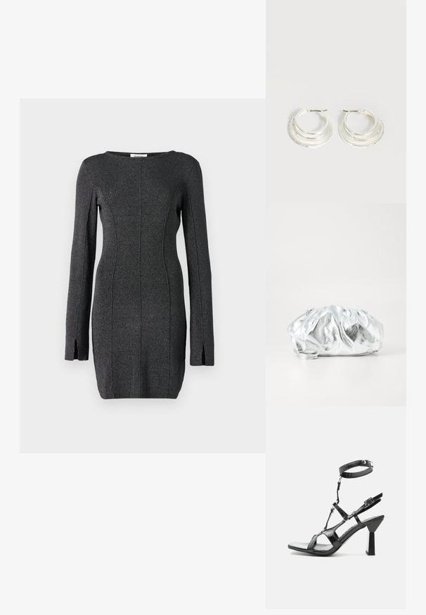 Vestido de punto negro de manga larga, con aberturas laterales, un escote redondo y detalles de costura para una silueta ajustada.; Sandalia negra de tacón alto con tiras, puntera cuadrada, correa en el tobillo con botones a presión y tacón bloque geométrico sobre un fondo blanco liso.; Bolso de mano plateado metálico con un cuerpo suave y fruncido y una correa de hombro delgada. Presenta una textura suave y brillante y una forma redondeada.; Pendientes de aro de plata con tres bandas semicirculares superpuestas, una adornada con pequeños cristales transparentes sobre un fondo claro.