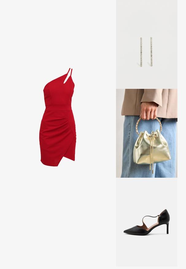 Rode een-schouder jurk van rekbare stof, met een aansluitende buste, geplooide details en een asymmetrische zoom.; Zwarte leren pumps met een puntige neus, een smalle enkelband en een midhoge stilettohak op een witte achtergrond.; Metalen gouden bucket bag met een trekkoordsluiting, voorzien van een gouden kettinghandvat en twee decoratieve kettingdetails aan de voorkant.; Zilverkleurige lineaire oorbellen met kleine heldere kristallen gerangschikt in een verticale lijn, die hun slanke en minimalistische ontwerp benadrukken.