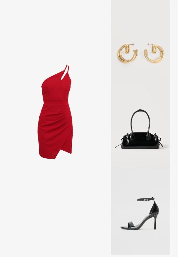 Rode een-schouder jurk van rekbare stof, met een aansluitende buste, geplooide details en een asymmetrische zoom.; Zwarte lakleren sandaal met hoge hakken, een open teen, een enkele band aan de voorkant en een verstelbare enkelband.; Kleine zwarte glanzende handtas met twee lange hengsels en zijkant trekkoord details op een effen lichte achtergrond.; Set glanzende gouden dubbele lus oorbellen met stekertjes op een witte achtergrond.