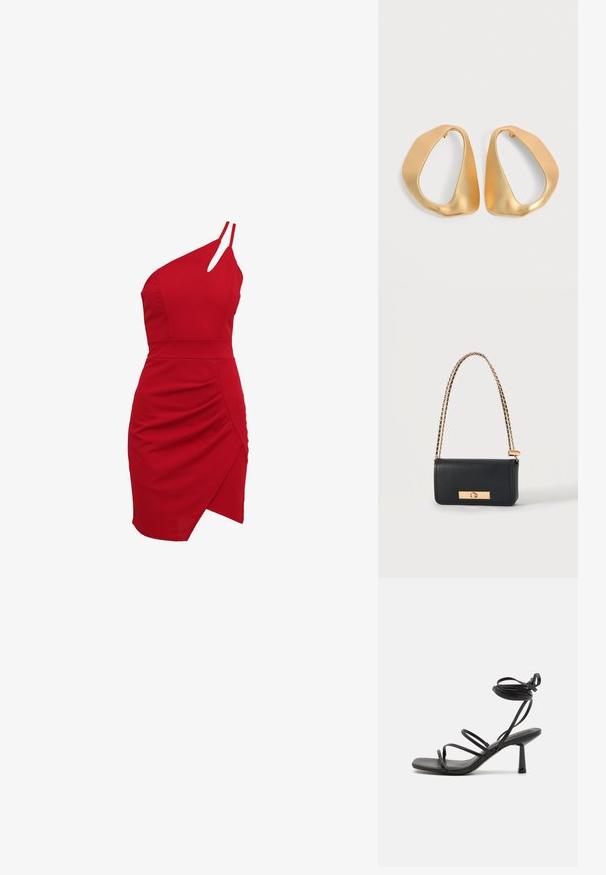 Rød one-shoulder kjole lavet af strækstof, der har en tætsiddende bodice, rynkede detaljer og en asymmetrisk kant.; Sort strappy sandal med firkantet tå, justerbare ankelbind og en slank, blokhæl. Fremstillet af et glat, holdbart materiale.; Sort rektangulær lædertaske med gyldent kæderem og gyldent rektangulært lås foran.; Par af uregelmæssige, asymmetriske gyldne hoop-øreringe med en glat, mat finish på en neutral baggrund.