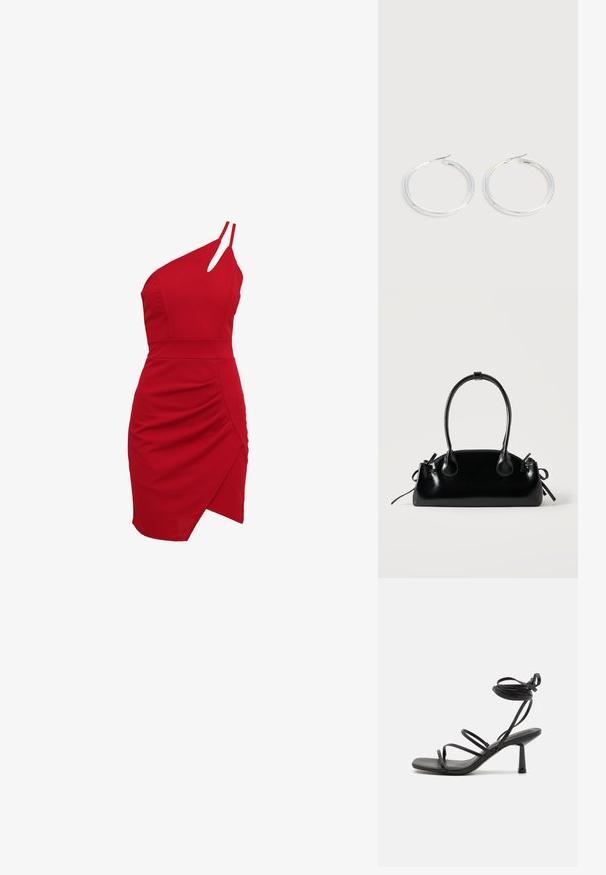 Rød one-shoulder kjole lavet af strækstof, der har en tætsiddende bodice, rynkede detaljer og en asymmetrisk kant.; Sort strappy sandal med firkantet tå, justerbare ankelbind og en slank, blokhæl. Fremstillet af et glat, holdbart materiale.; Lille sort blank håndtaske med to lange håndtag og snøre-detaljer i siden på en ensfarvet lys baggrund.; Par skinnende sølvøreringe med tynde trådlåse, vist på en lys grå baggrund.