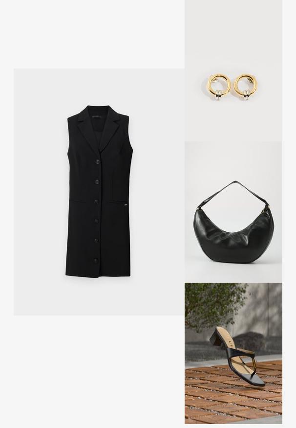 Sort sansærmet blazer kjole med skræddersyet design, blazerkrave, seks frontknapper og sidelommer. Glat stof med minimale detaljer.; Sort hælsandal med tå-loop og gyldent accent, placeret på en træ- og stenbelagt overflade udendørs nær grønne områder.; Sort læder skuldertaske med en buet form, blød tekstur og en enkelt rem; har en guldbeslået lynlås og diskret branding.; Guld cirkulære øreringe med to små sølv-ringe på hver, der viser subtile indgraverede mærkenavne detaljer, sat på en hvid baggrund.