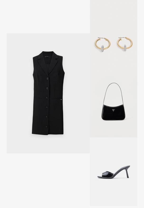 Sort sansærmet blazer kjole med skræddersyet design, blazerkrave, seks frontknapper og sidelommer. Glat stof med minimale detaljer.; Sorte laklæder sandaletter med åben tå, der har et buet overdesign og en spids stilethæl. Glat, blank finish.; Sort skuldertaske i laklæder med tynd rem, trekantet Guess-logo foran og lynlåslukning i toppen.; Par guldtonede hoop øreringe med lille sølvfarvet loop-detalje på hver, vist mod lysegrå baggrund.