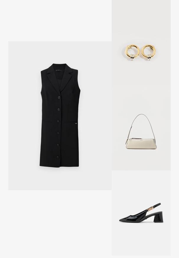 Sort sansærmet blazer kjole med skræddersyet design, blazerkrave, seks frontknapper og sidelommer. Glat stof med minimale detaljer.; Sorte patentlæder slingback pumps med spidse tæer og guldfarvet hardware på remmen, med en blokhælhøjder. Glat tekstur.; Lille beige læder skuldertaske med tynd rem og lynlås, mærket med et diskret metal-logo på frontens midte.; Guld cirkulære øreringe med to små sølv-ringe på hver, der viser subtile indgraverede mærkenavne detaljer, sat på en hvid baggrund.