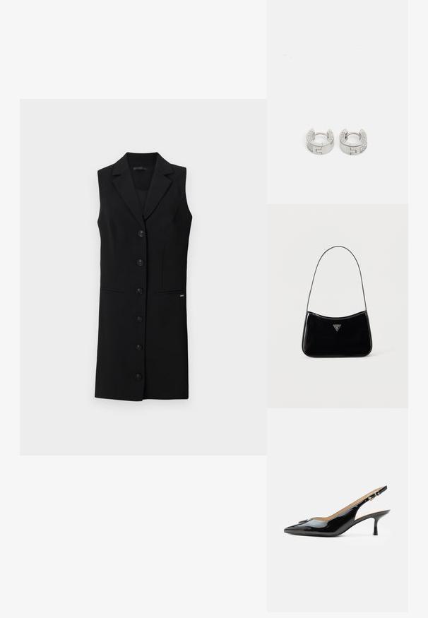 Schwarzes ärmelloses Blazerkleid mit einem maßgeschneiderten Design, mit Reverskragen, sechs vorderen Knöpfen und seitlichen Taschen. Glattes Material mit minimalen Akzenten.; Schwarzer Pumps mit Riemchen aus Lackleder, spitz zulaufender Zehenpartie, kleinem Kitten-Heel und silberner Schnalle auf weißem Hintergrund.; Schwarze Schultertasche aus Lackleder mit schmalem Riemen, dreieckigem Guess-Logo vorne und einem Reißverschluss oben.; Guess STYLISH - Ohrringe - silver-coloured