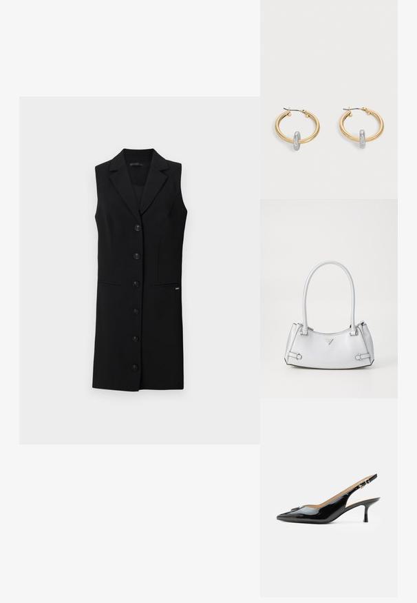 Vestido blazer negro sin mangas con diseño entallado, solapas muesca, seis botones frontales y bolsillos laterales. Tejido suave con acentos mínimos.; Tacón slingback de charol negro con puntera puntiaguda, tacón pequeño tipo kitten y correa con hebilla plateada sobre un fondo blanco liso.; Bolso de mano plateado con un diseño estructurado, que cuenta con dos asas, textura brillante, herrajes de acento y un logo triangular en la parte frontal.; Par de pendientes de aro en tono dorado con pequeño detalle de aro en tono plateado en cada uno, expuestos sobre un fondo gris claro.
