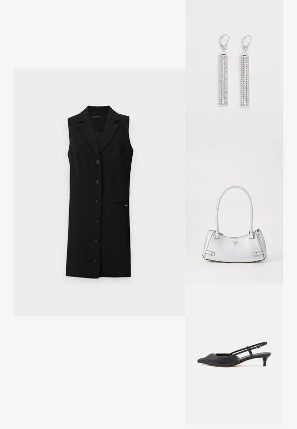 Schwarzes ärmelloses Blazerkleid mit einem maßgeschneiderten Design, mit Reverskragen, sechs vorderen Knöpfen und seitlichen Taschen. Glattes Material mit minimalen Akzenten.; Schwarze Slingback-Schuhe mit einer spitzen Zehe, aus glattem Material gefertigt, mit einem kleinen Absatz und einem dekorativen silbernen Akzent auf dem Blatt.; Silberne Handtasche mit einem strukturierten Design, ausgestattet mit zwei Griffen, glänzender Oberfläche, Akzentbeschlägen und einem dreieckigen Logo auf der Vorderseite.; Silberne Ohrringe mit zwei länglichen Stäben, die jeweils mit kleinen, klaren Strasssteinen in einem linearen Muster besetzt sind. Mit Klappverschluss.