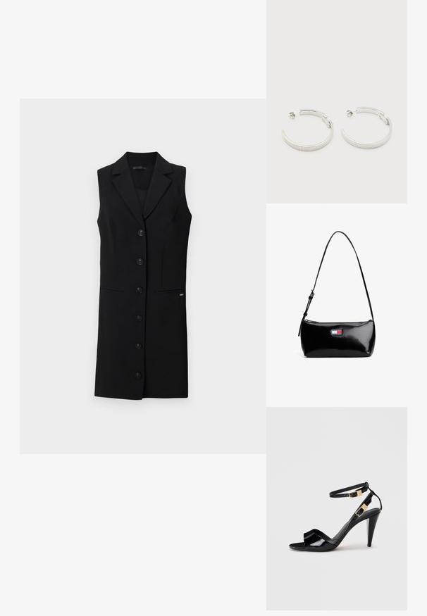 Sort sansærmet blazer kjole med skræddersyet design, blazerkrave, seks frontknapper og sidelommer. Glat stof med minimale detaljer.; Sorte patentlæder højhælede sandaler med dobbelte ankelremme og guldspænder, åben tå og slank taperet hæl på neutral baggrund.; Sort patenteret læder skuldertaske med en buet rem, lynlåslukning og et rektangulært logo patch i rød, hvid og blå.; Sølvfarvede halvcirkelformede creoler med riflet tekstur og trykknapslukning på hvid baggrund.